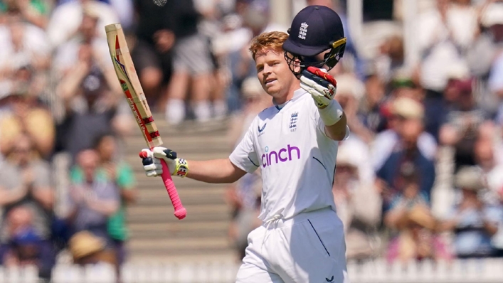 England’s Ollie Pope celebrates reaching his century as he bats during day two of the first LV= Insurance Test match at Lord’s, London. Picture date: Friday June 2, 2023.