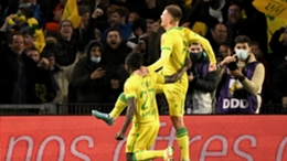 Nantes celebrate Quintin Merlin's second goal against Paris Saint-Germain.