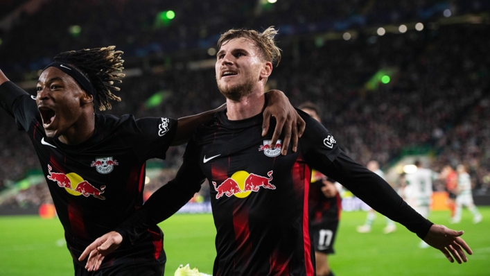 Timo Werner celebrates after opening the scoring at Celtic Park