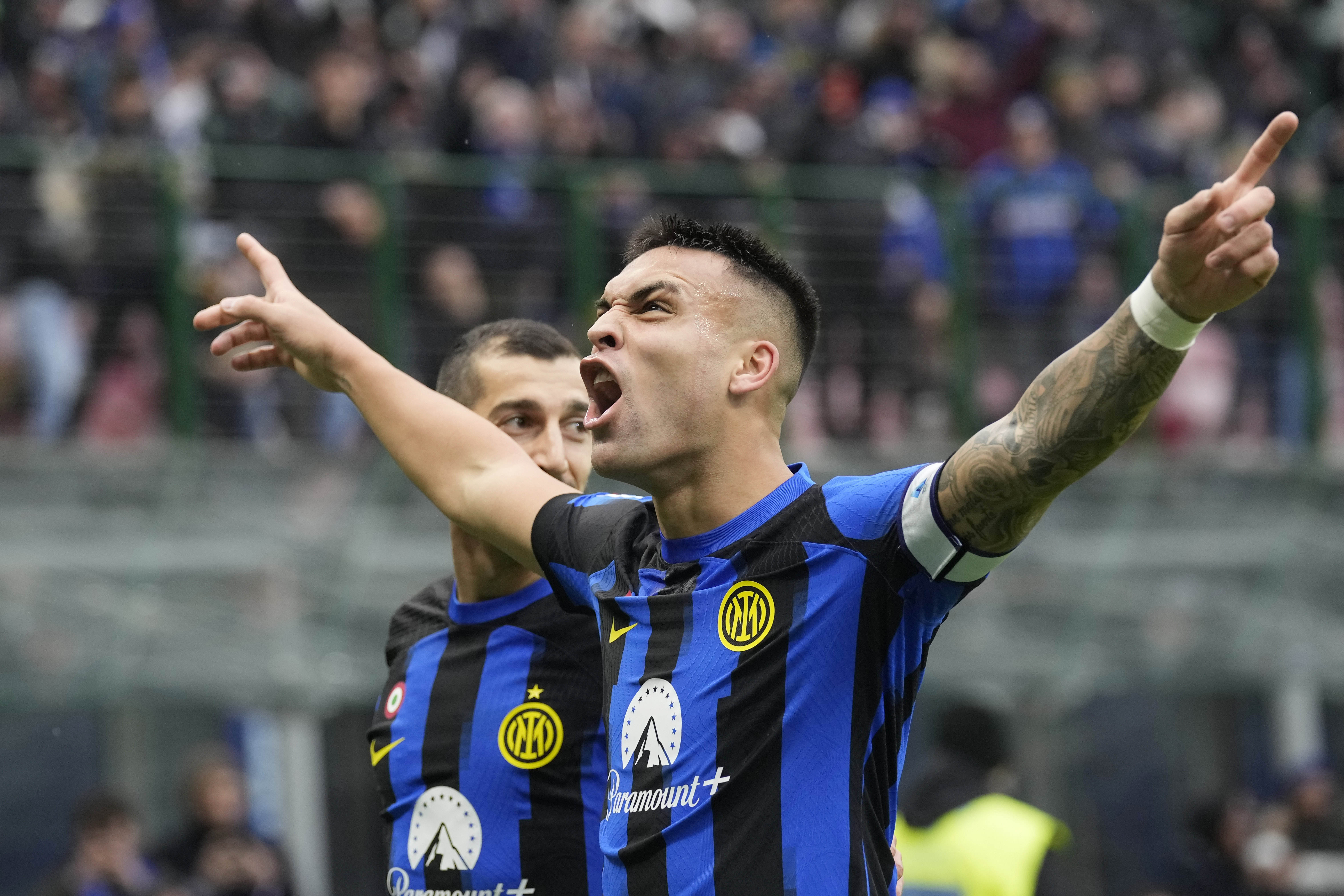 Inter Milan’s Lautaro Martinez celebrates after scoring the opening goal