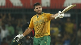 South Africa's Rilee Rossouw celebrates his first T20I century
