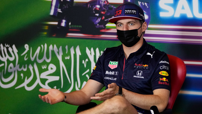 Red Bull's Max Verstappen talks in the Drivers Press Conference during previews ahead of the F1 Grand Prix of Saudi Arabia