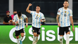 Lautaro Martinez of Argentina celebrates after scoring the first goal of his team during a match between Argentina and Colombia