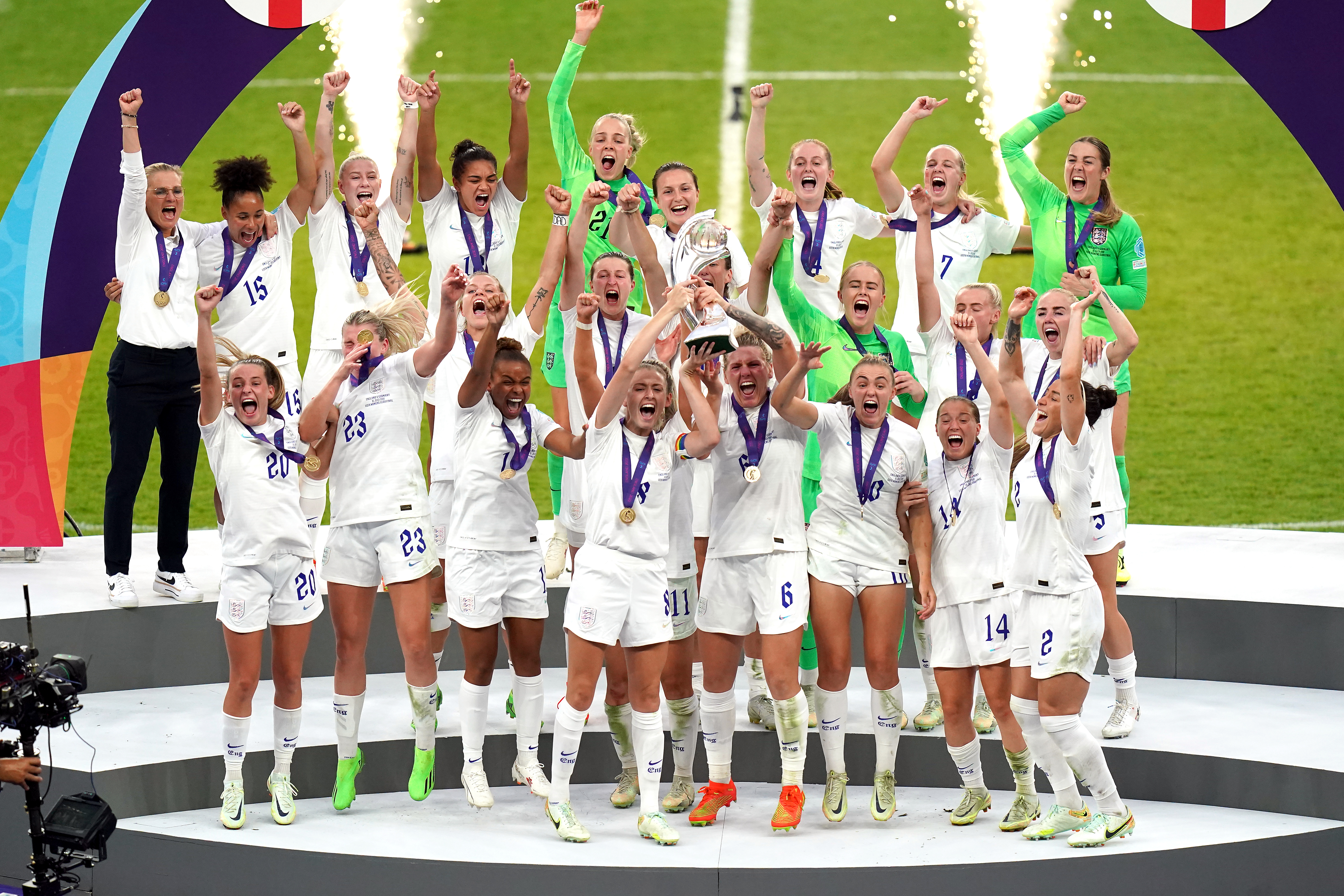 England celebrate with the Euro 2022 trophy (Adam Davy/PA)