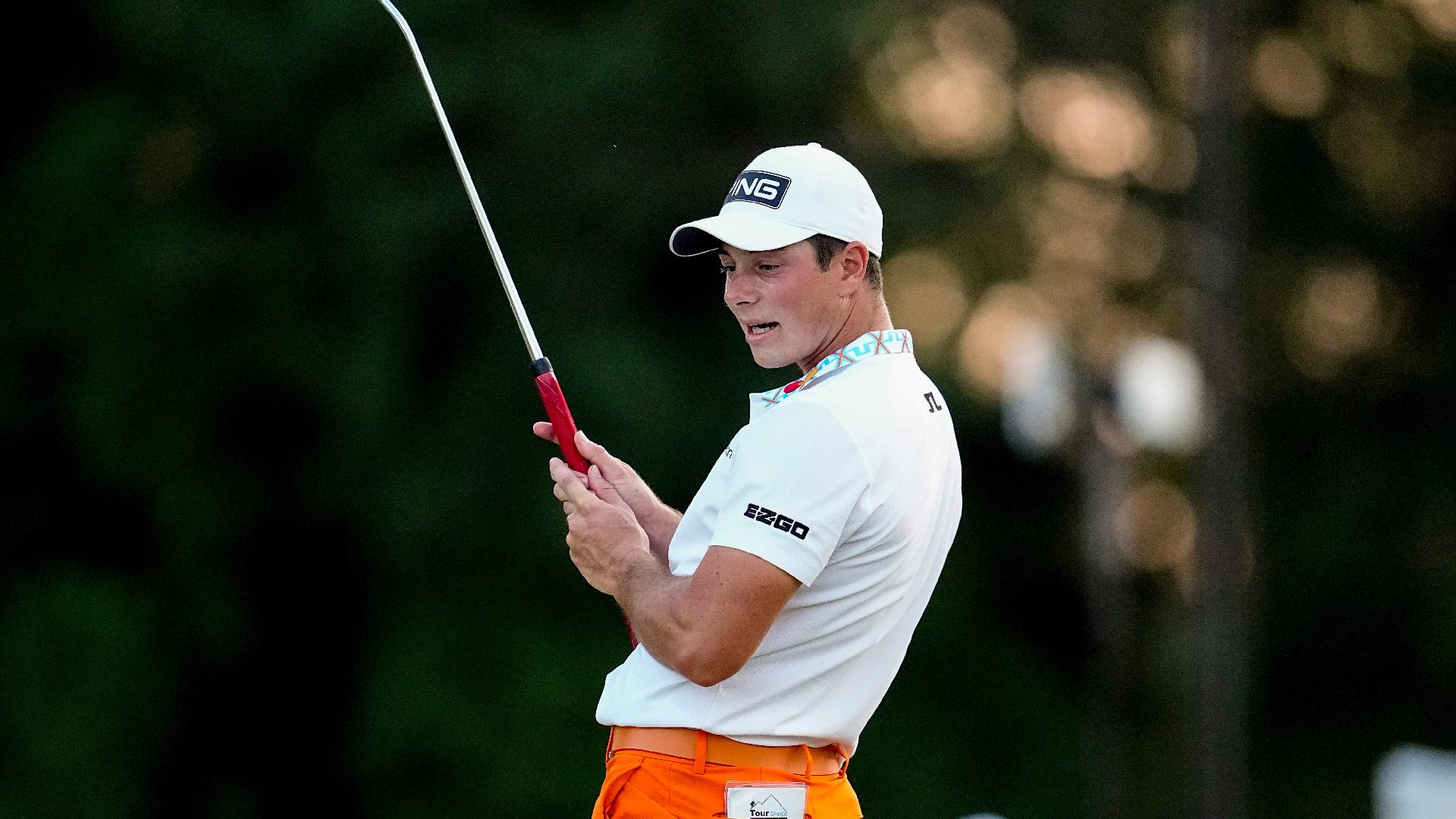 Viktor Hovland reacts to his putt on the 17th green during the third round of the Tour Championship (Mike Stewart/ AP)