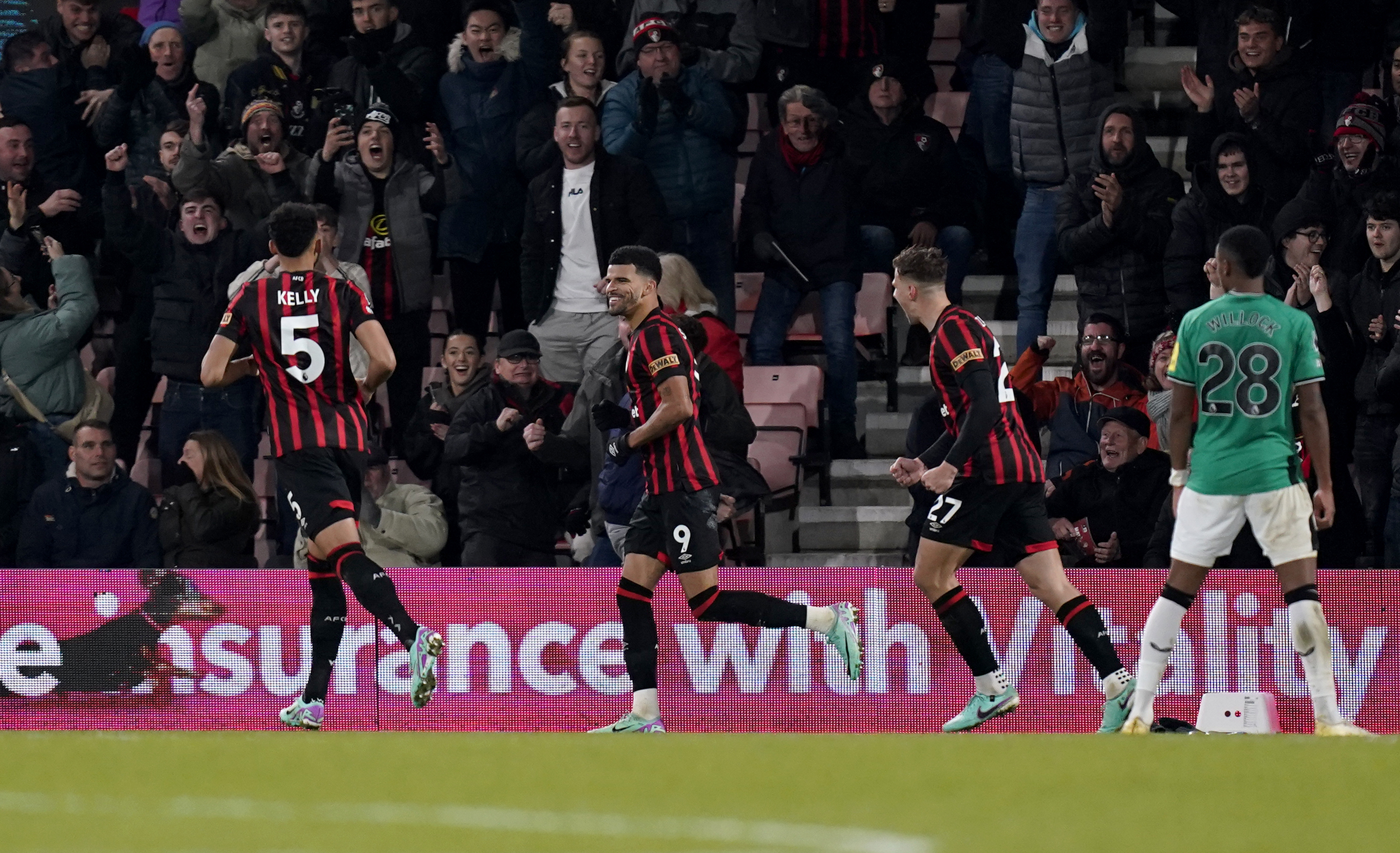 Dominic Solanke, centre, celebrates his second goal
