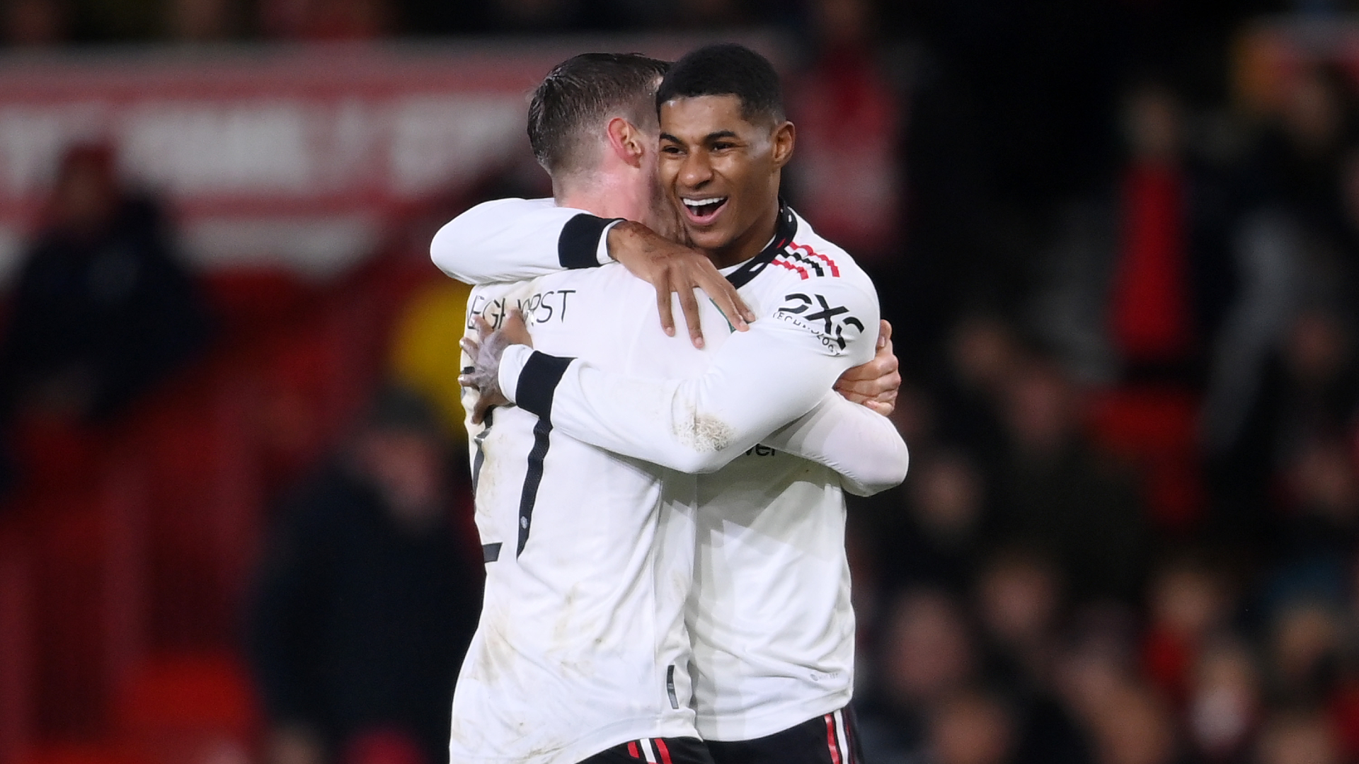 Marcus Rashford celebrates scoring against Nottingham Forest