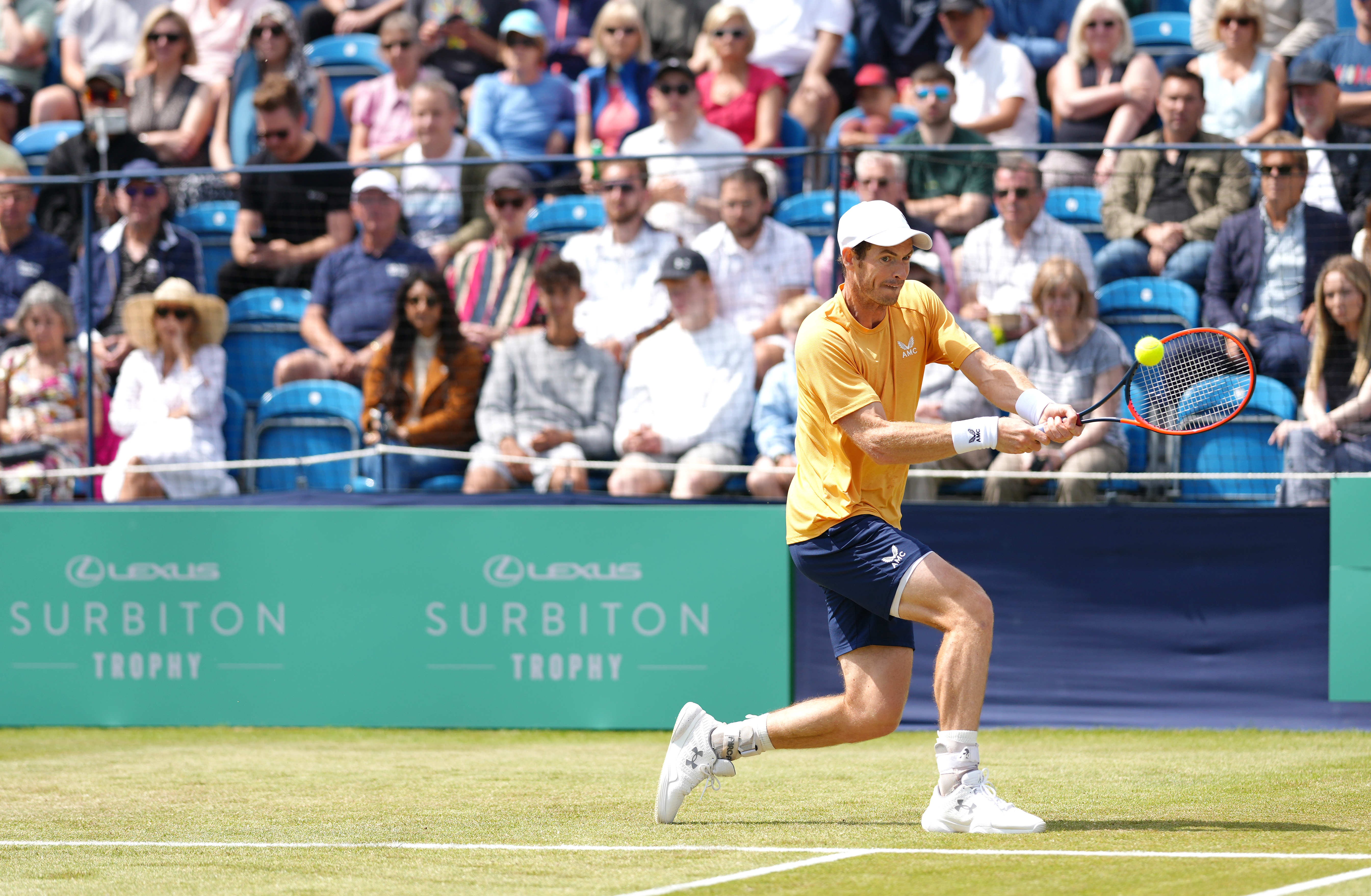 Andy Murray raced through his first match in Surbiton