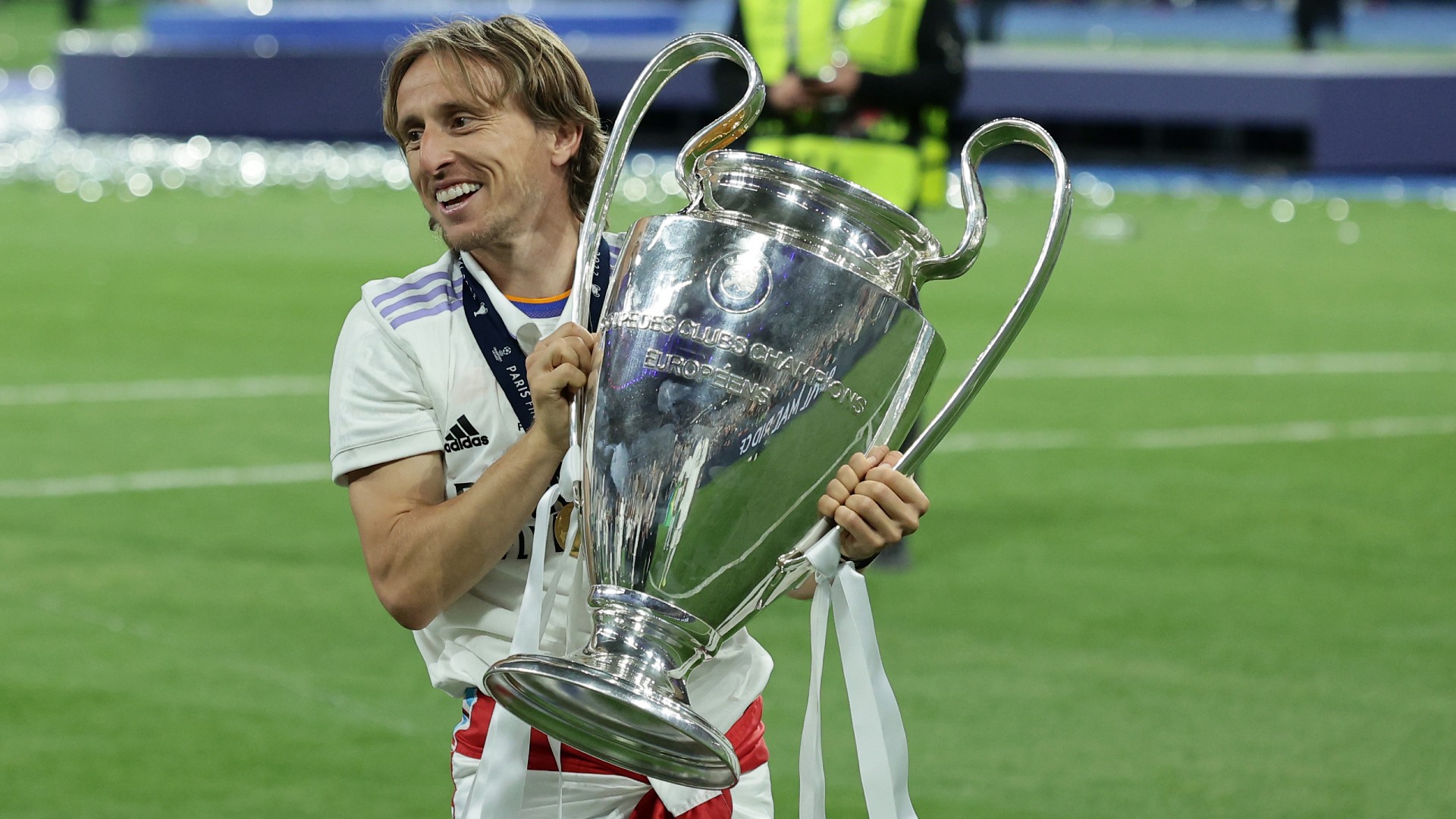 Luka Modric celebrates Real Madrid's Champions League win against Liverpool in May