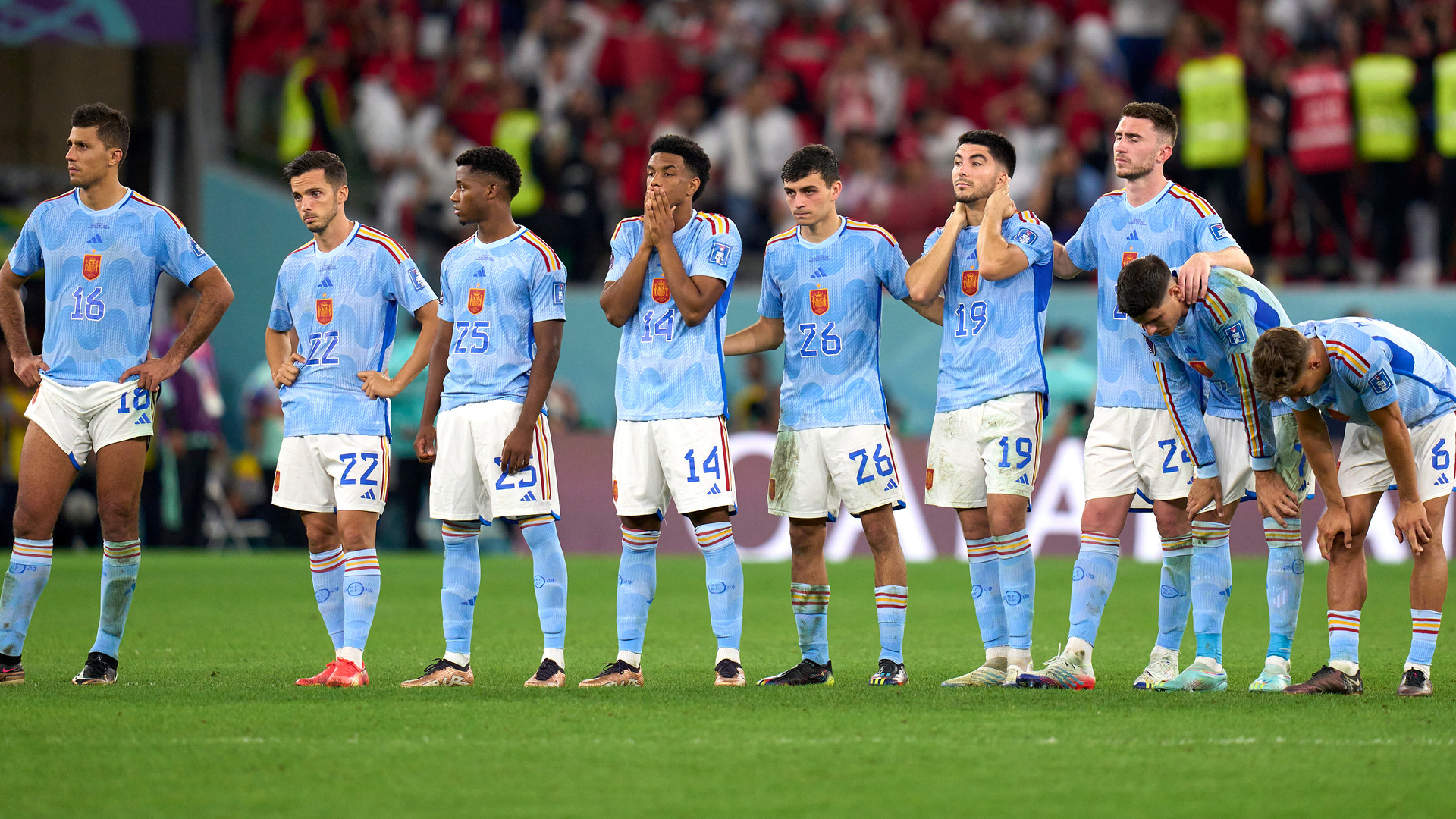 Spain's World Cup stars react during the penalty shoot-out loss to Morocco
