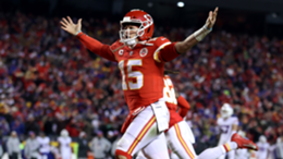Patrick Mahomes of the Kansas City Chiefs celebrates a touchdown scored by Tyreek Hill against the Buffalo Bills