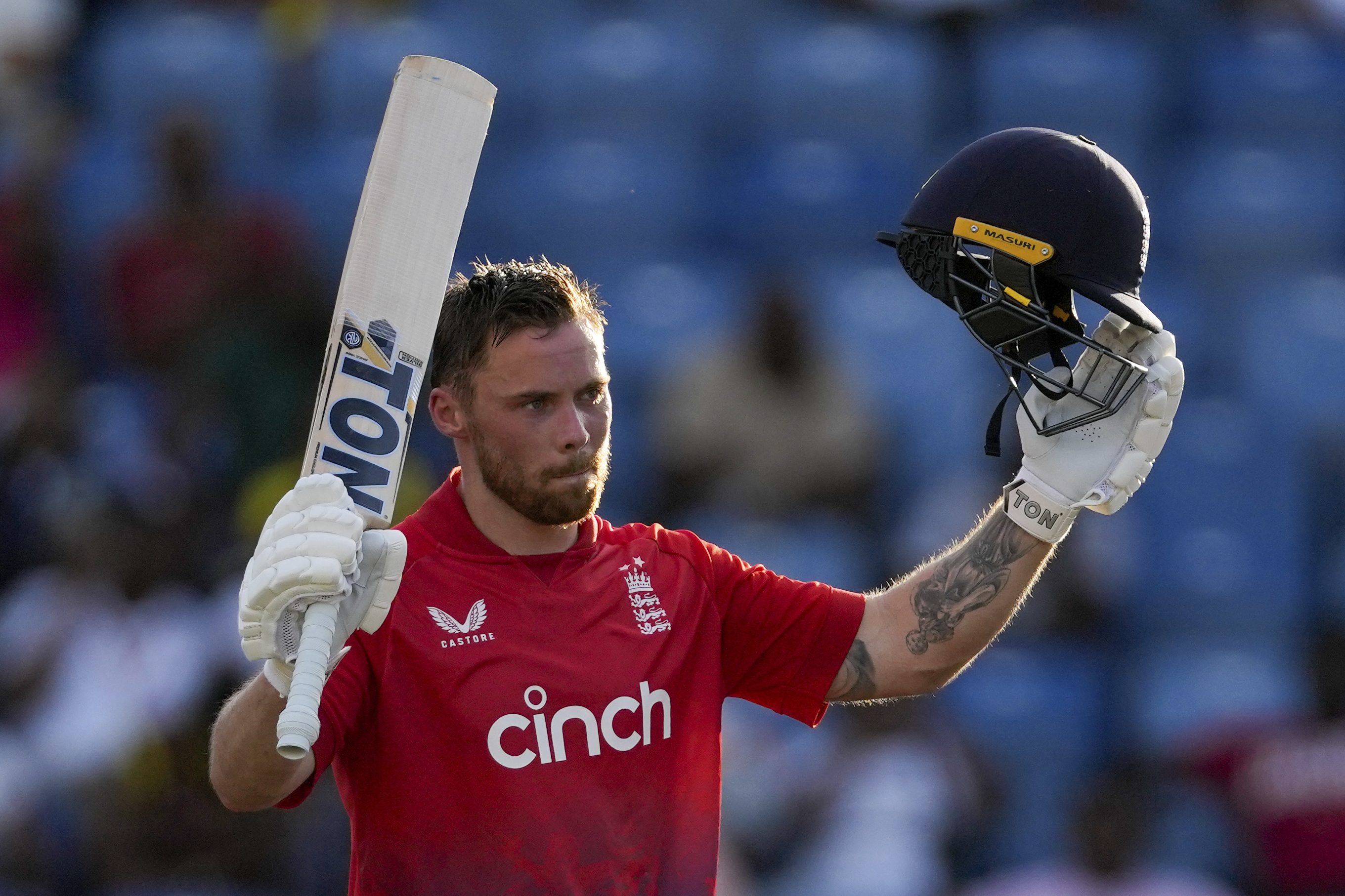 Phil Salt's maiden T20 ton underpinned England's successful chase (Ricardo Mazalan/AP)