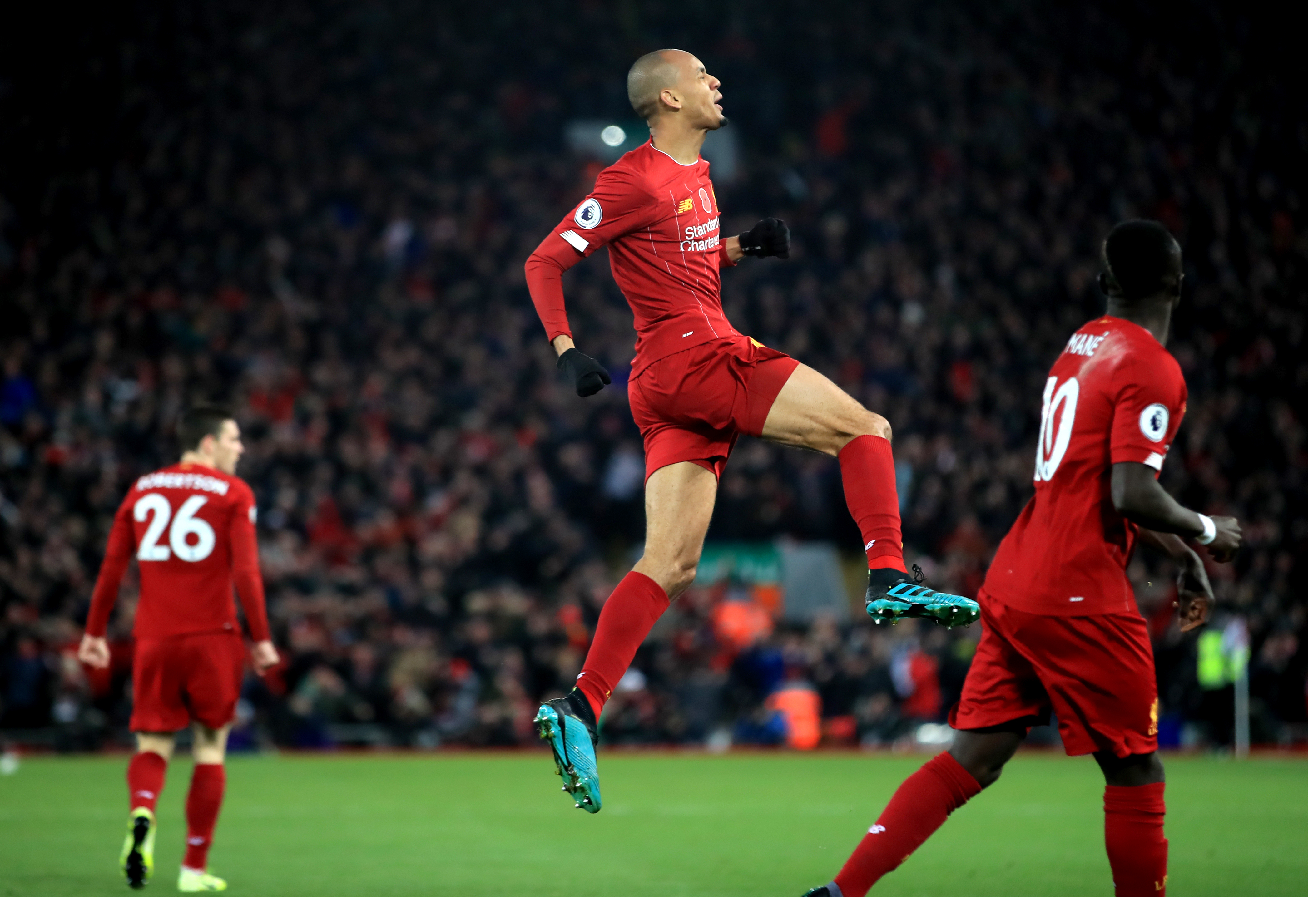 Fabinho celebrates scoring against Manchester City