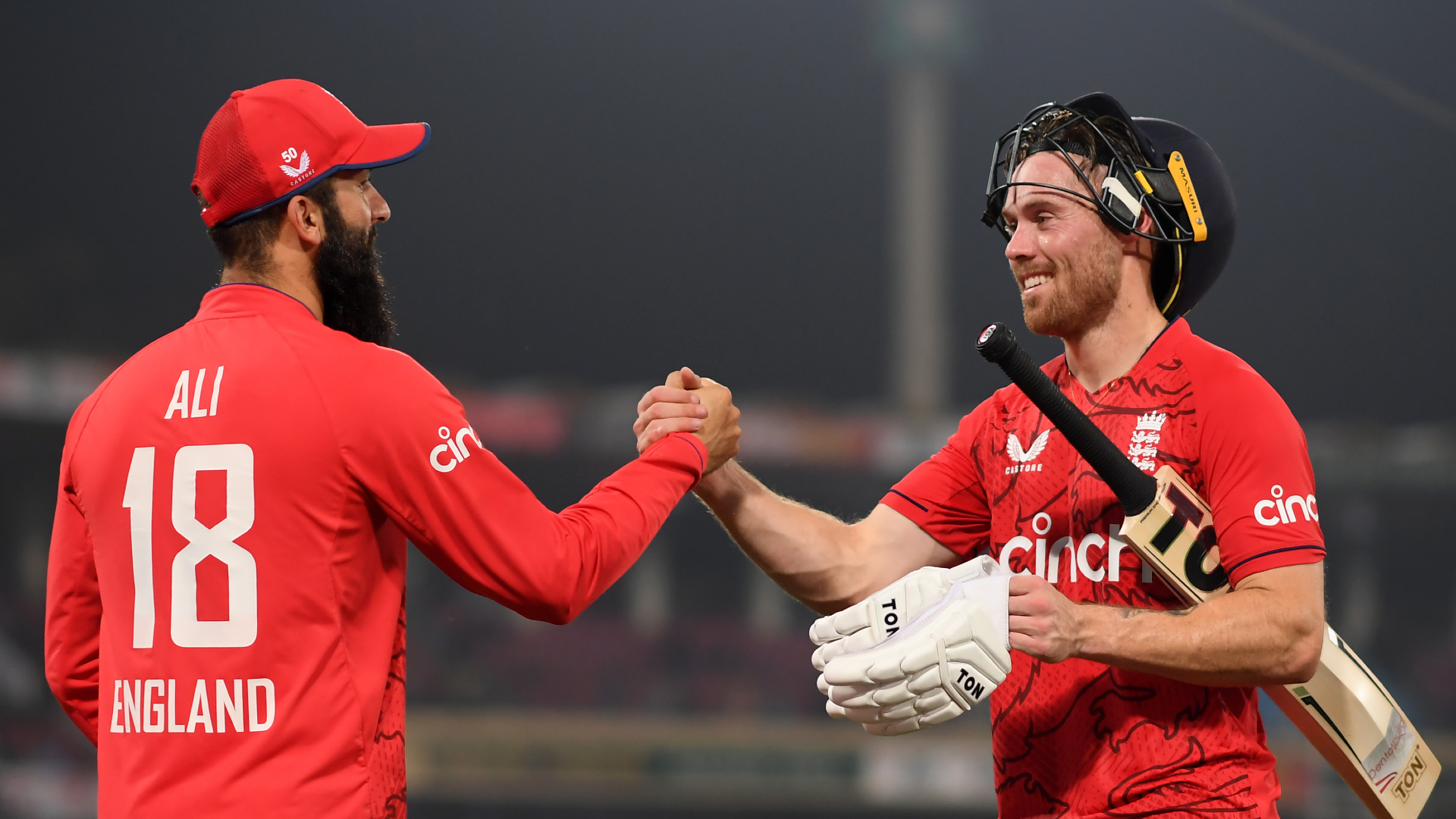 Phil Salt (r) is congratulated by skipper Moeen Ali