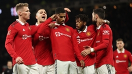 Marcus Rashford celebrates United's third goal