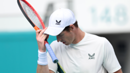 Andy Murray reacts during his straight sets defeat against Dusan Lajovic at the Miami Open