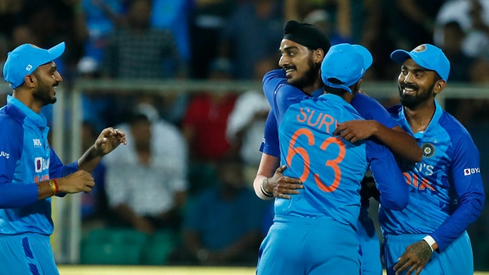 Arshdeep Singh celebrates taking the wicket of David Miller during India's win over South Africa