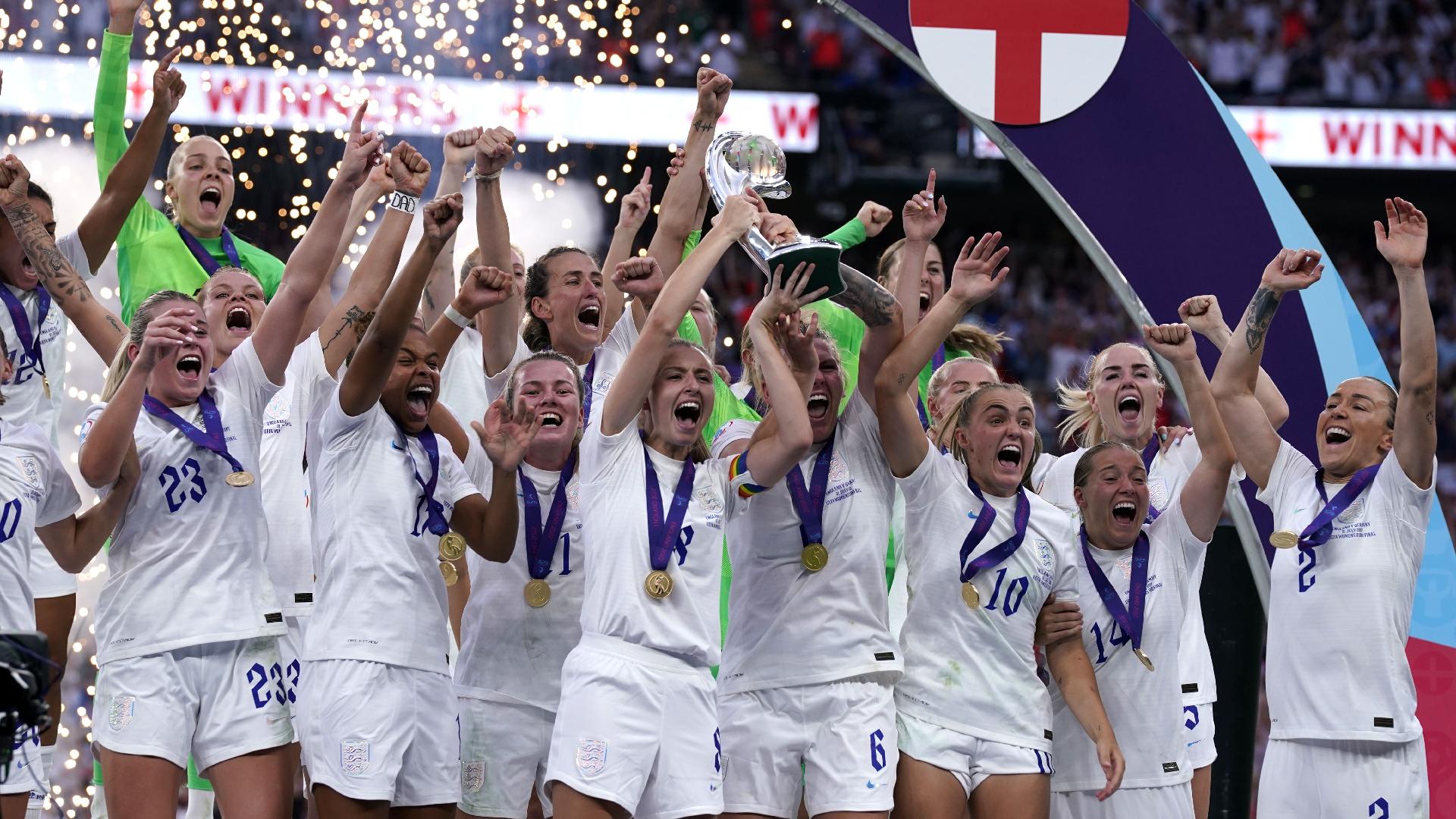 England players celebrate with the trophy following victory over Germany in the Euro 2022 final at Wembley (Danny Lawson/PA)