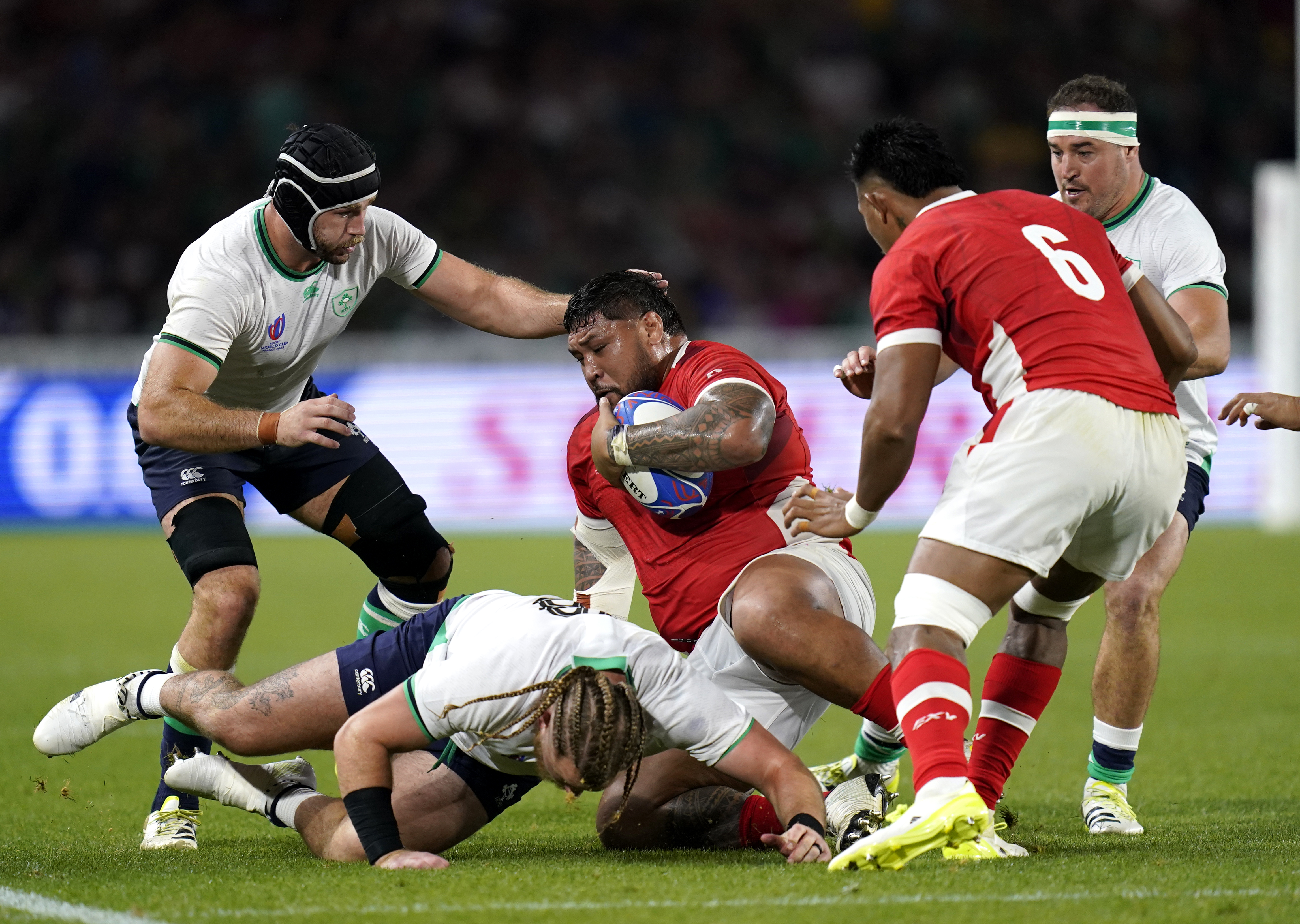 Finlay Bealham, on floor, managed just 10 minutes against Tonga before being forced off by a head knock