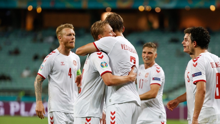 Denmark celebrate their second goal in Baku