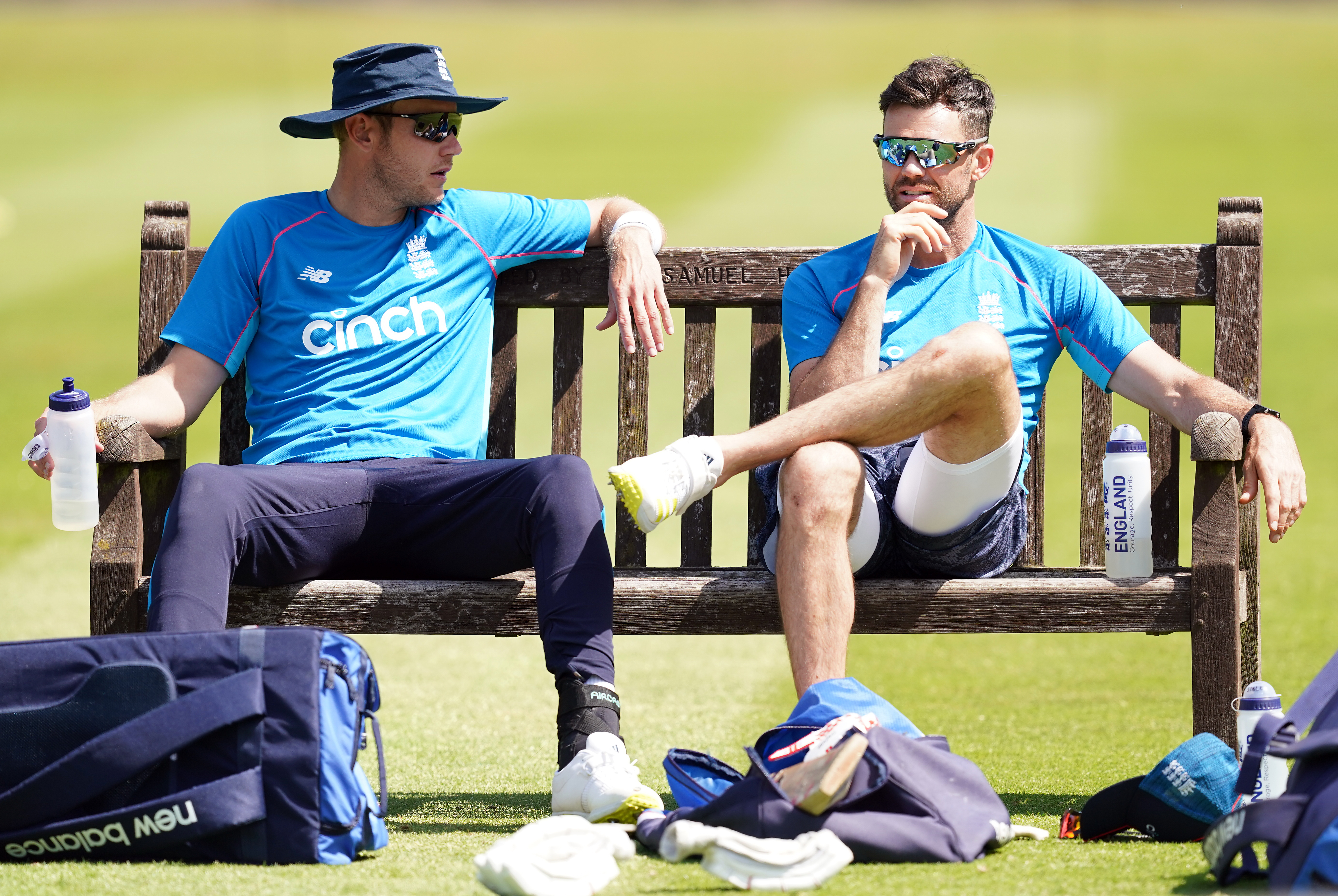 Broad, left, and James Anderson relax during a nets session at Edgbaston in June 2021
