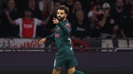 Mohamed Salah celebrates after his first-half opener at Ajax on Wednesday