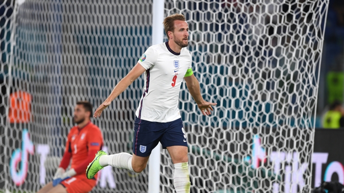 England striker Harry Kane celebrates scoring against Ukraine