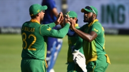Andile Phehlukwayo celebrates the wicket of Shreyas Iyer during One Day International match between South Africa and India