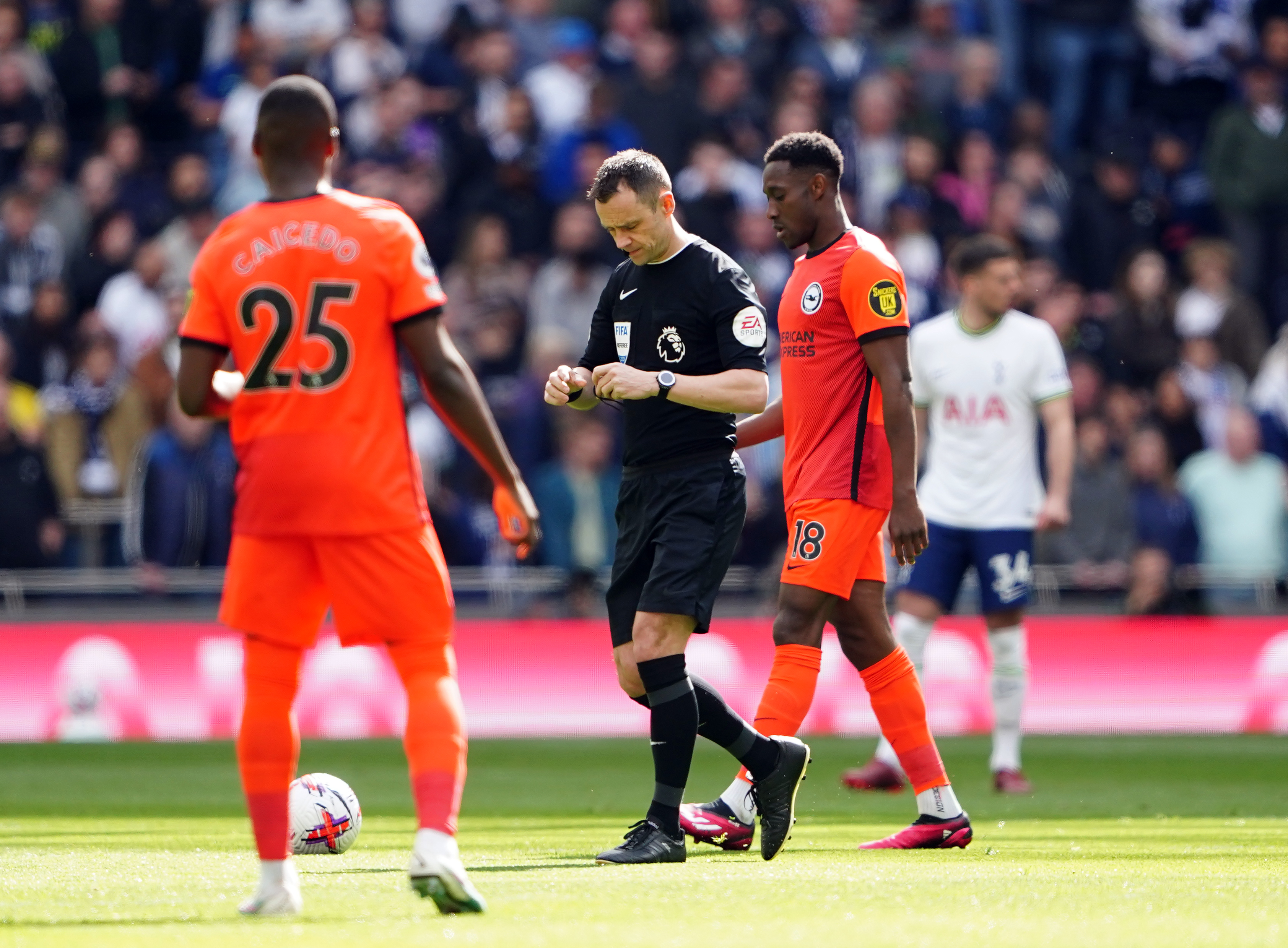 Stuart Attwell was not advised to review a penalty incident in the Tottenham v Brighton match on April 8
