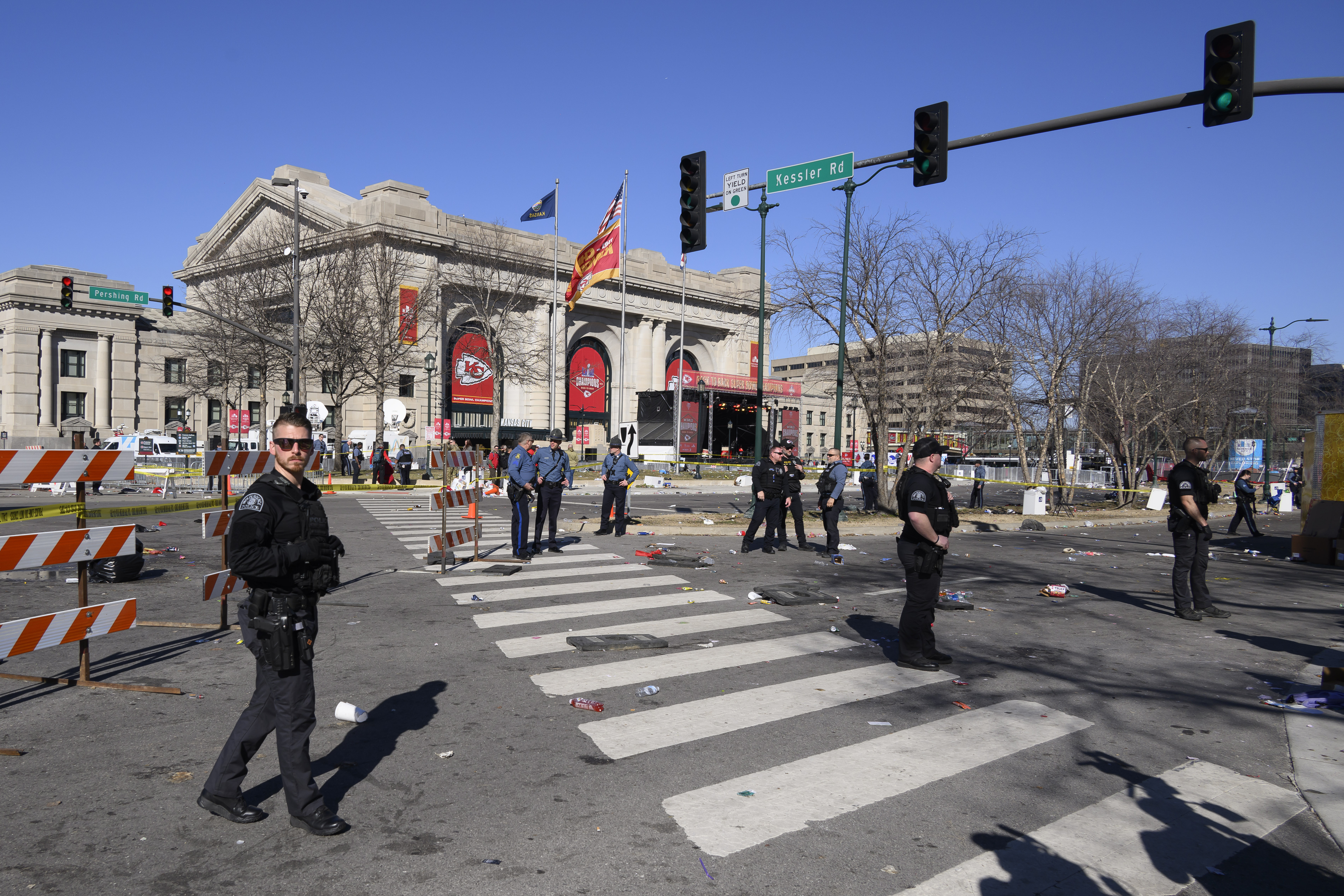 Police cordon off the area around Union Station following a shooting at the Kansas City Chiefs Super Bowl parade