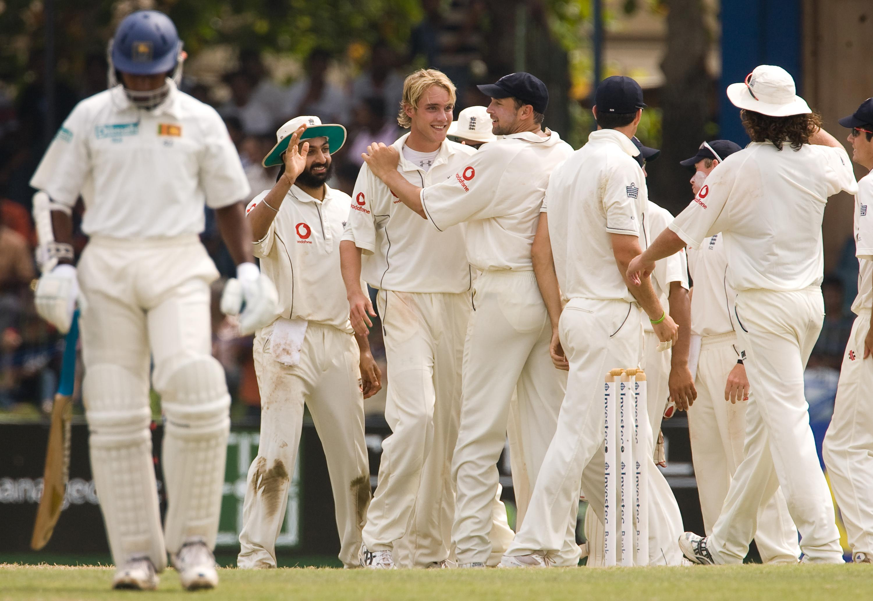 Broad takes the acclaim after dismissing Sri Lanka’s Chaminda Vaas to claim his first Test wicket on debut in Colombo in December 2007