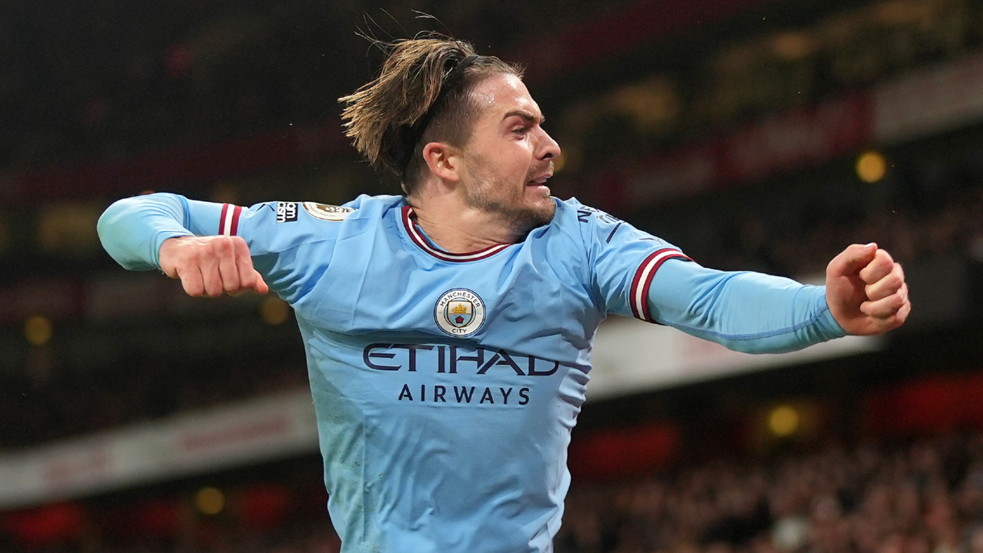 Jack Grealish celebrates his 72nd-minute goal to put Manchester City 2-1 up