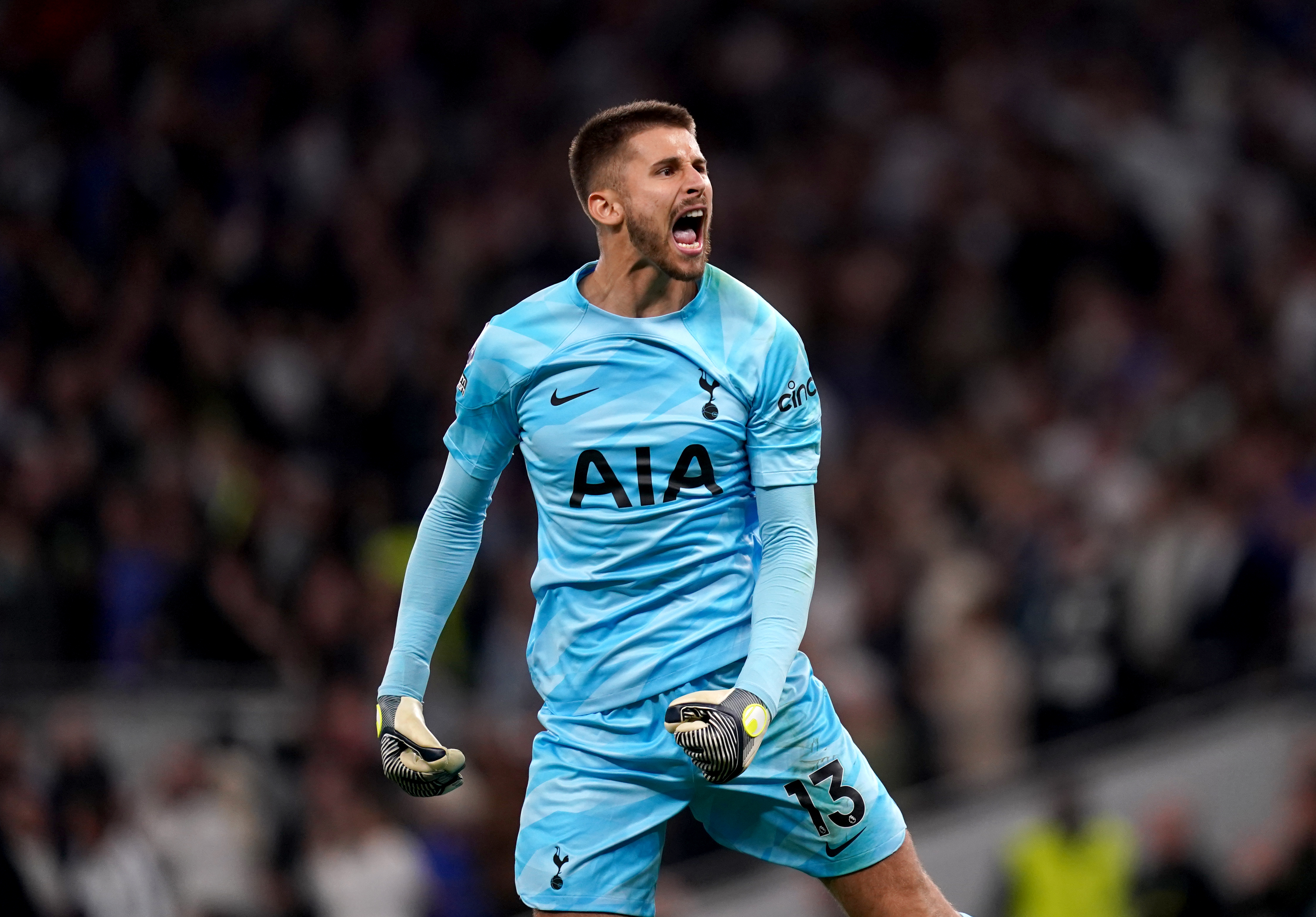 Guglielmo Vicario celebrates Tottenham's late winner