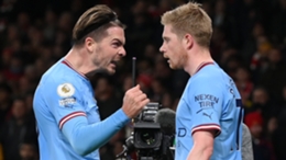 Jack Grealish (L) and Kevin De Bruyne (R) both scored in Manchester City's big midweek win