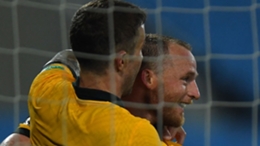 Adam Taggart (left) celebrates with Rhyan Grant after the latter's goal against Vietnam