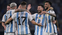 Argentina's Lionel Messi celebrates with Enzo Fernandez, Giovani Lo Celso and Nicolas Gonzalez after scoring against Curacao.