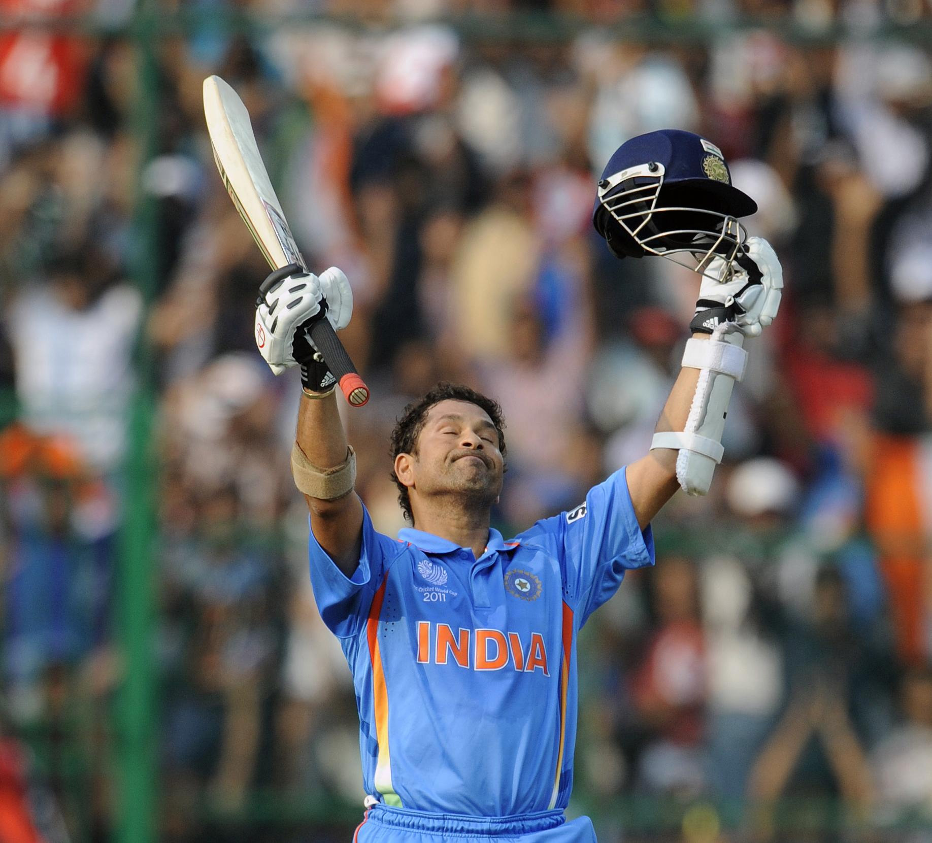 Sachin Tendulkar celebrates his 2011 World Cup century against England