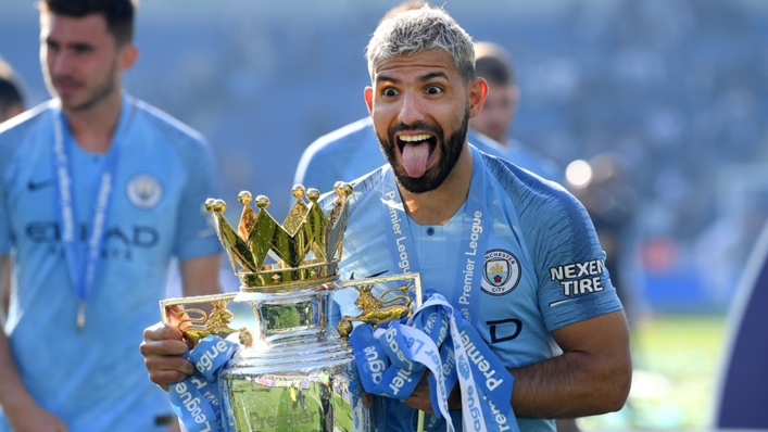 Sergio Aguero with the Premier League trophy