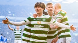 Celtic's Kyogo Furuhashi celebrates his second goal in the Hampden final