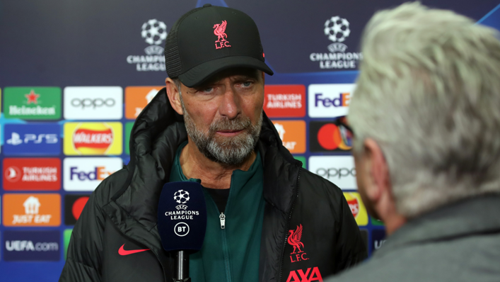 Liverpool manager Jurgen Klopp is interviewed post match during the Champions League game against Rangers