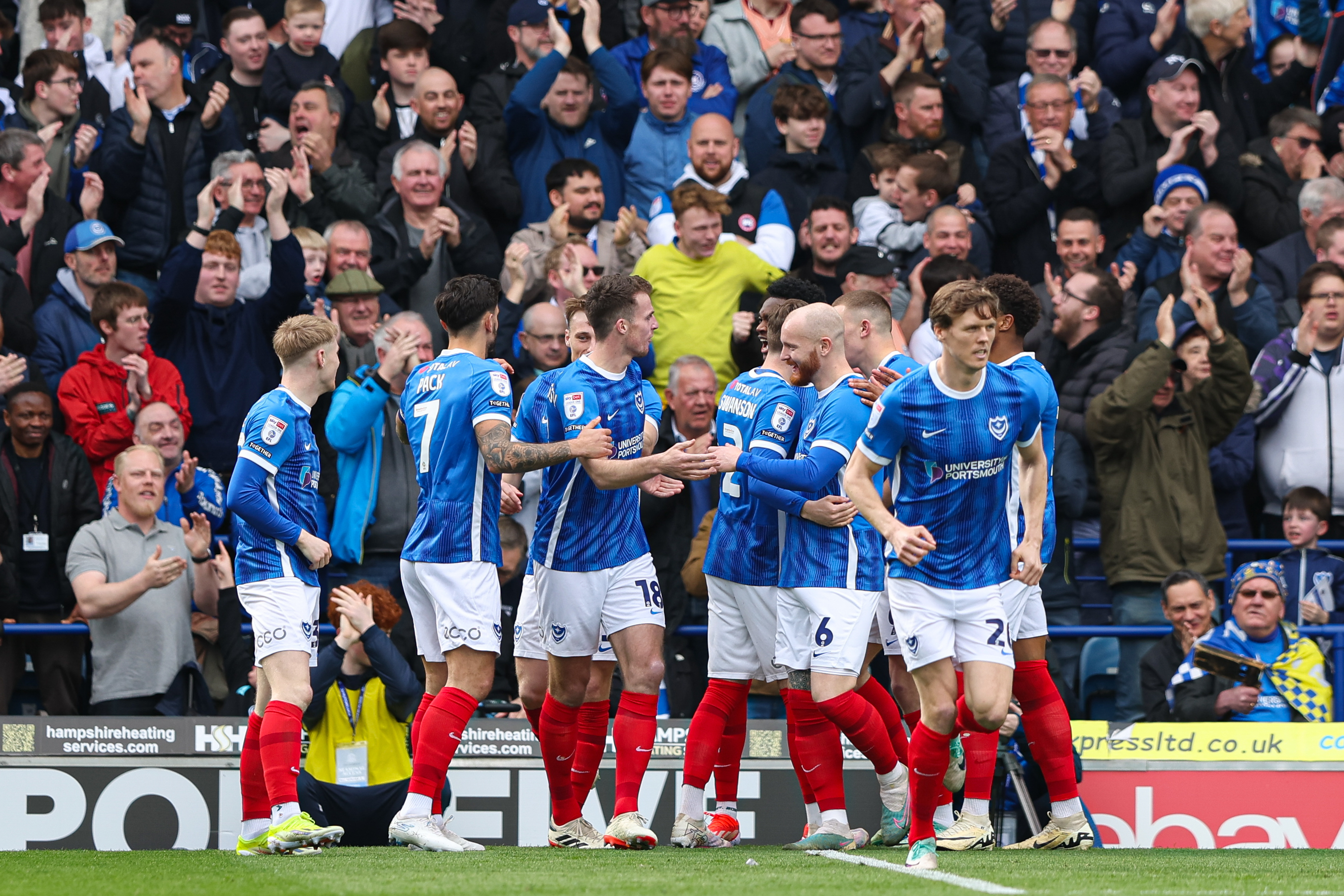 Portsmouth celebrate a goal against Shrewsbury
