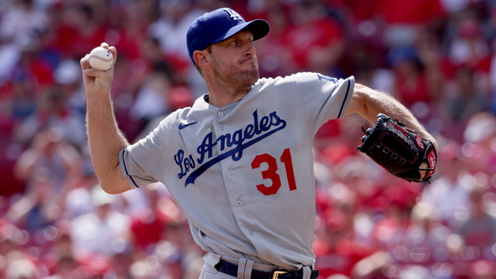 Max Scherzer #31 of the Los Angeles Dodgers pitches in the first inning against the Cincinnati Reds