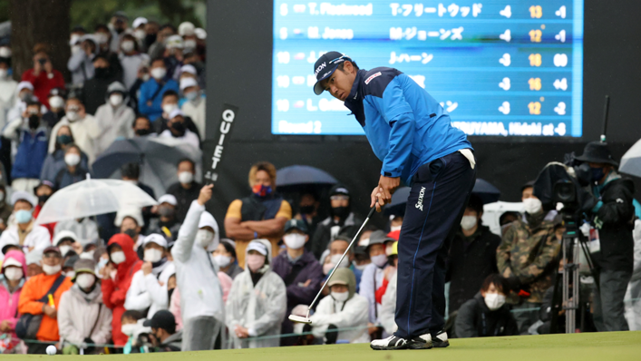 Hideki Matsuyama of Japan attempts a putt on the 9th green during the second round of the ZOZO Championship at Accordia Golf Narashino Country Club