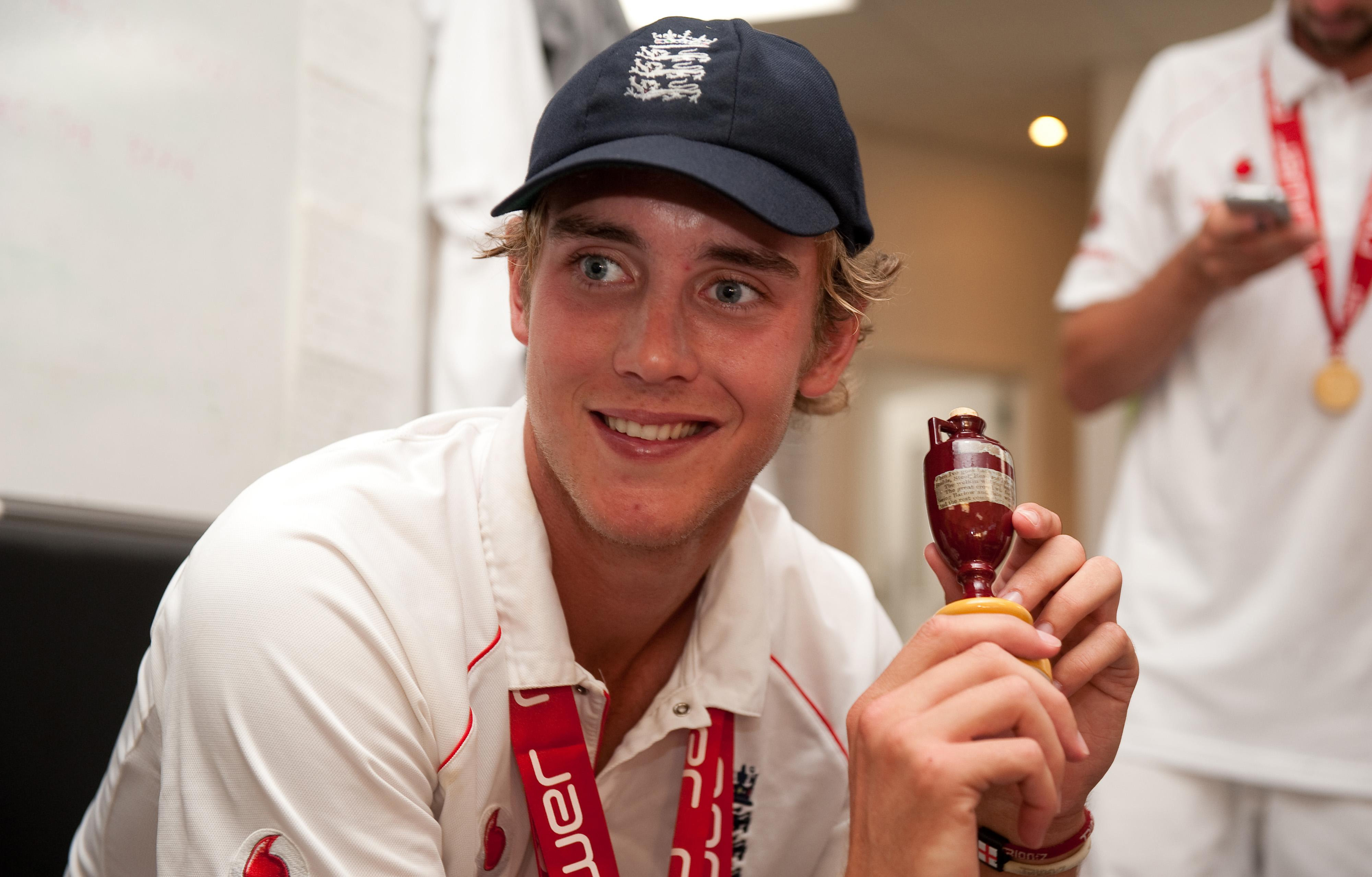 Broad with the urn in the changing room at the Oval in 2009 following the first of his four successful Ashes series