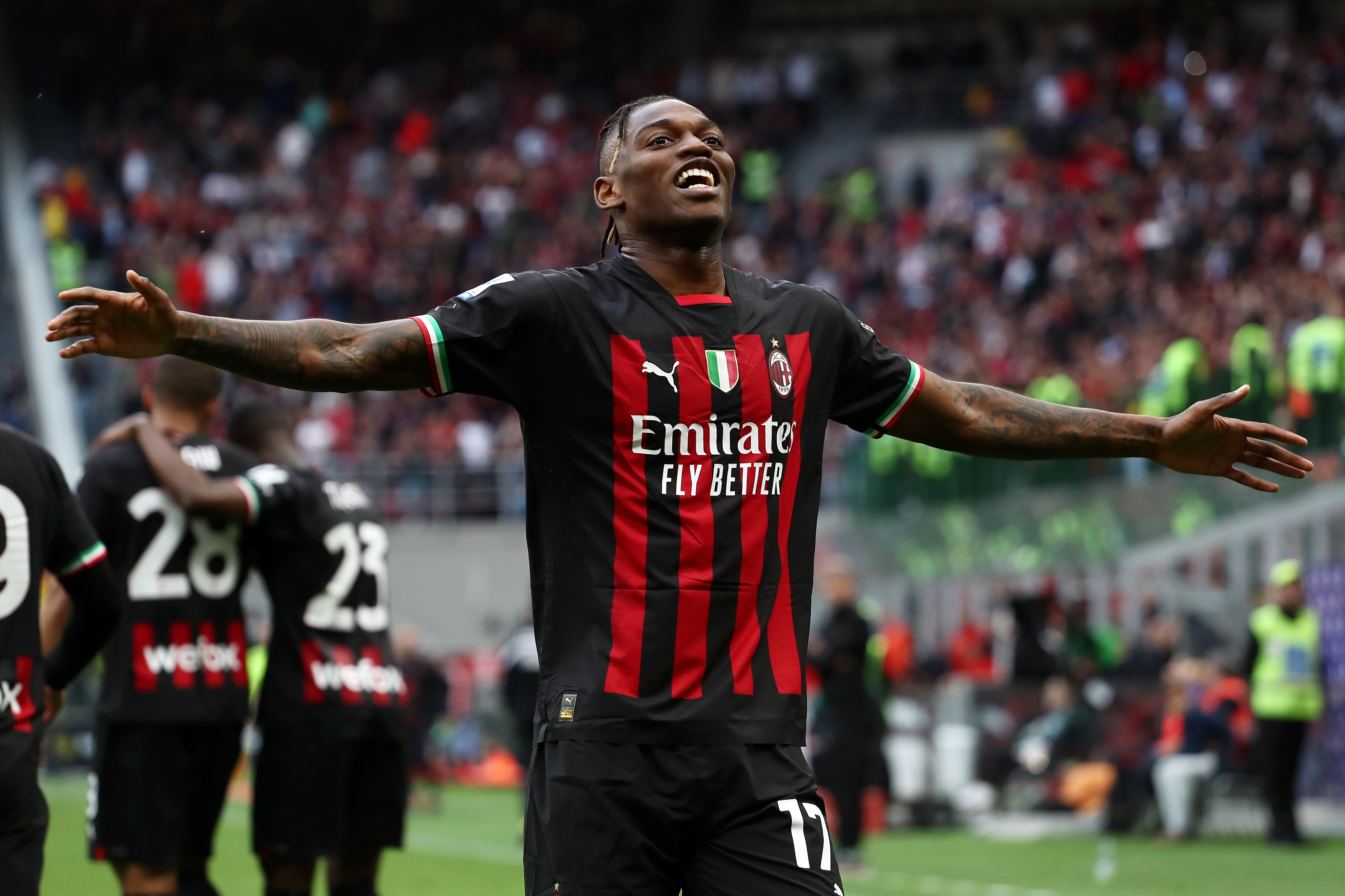 Rafael Leao celebrates for Milan on Sunday after his first-half strike at San Siro