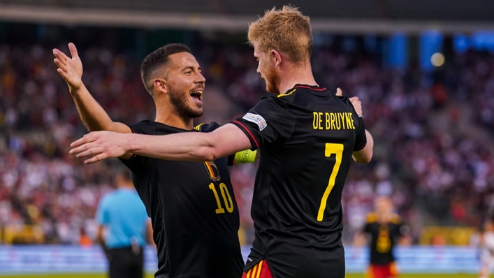 Kevin De Bruyne (right) thanks Eden Hazard for the assist in Belgium's 6-1 win against Poland