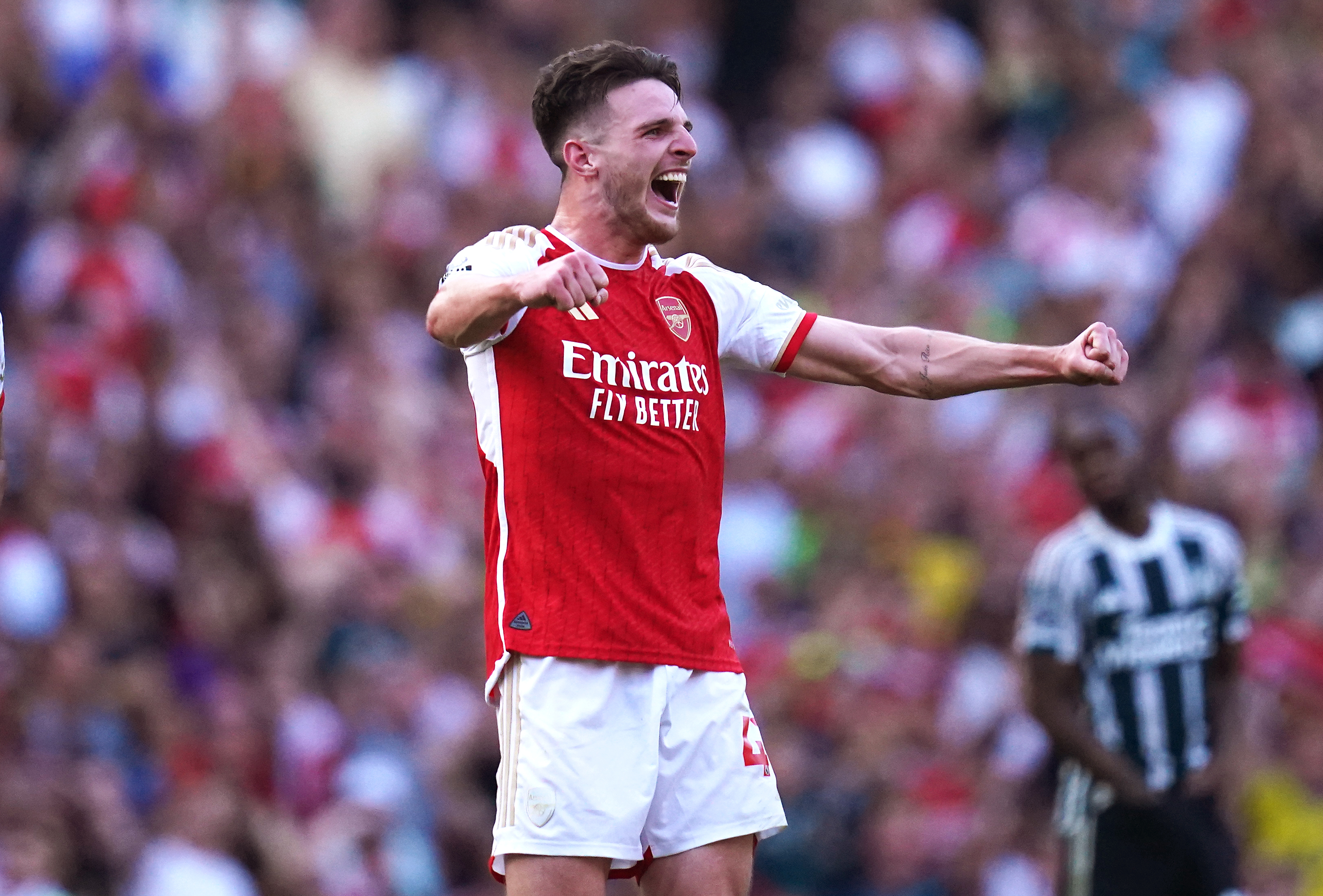 Declan Rice celebrates Arsenal's win over Manchester United