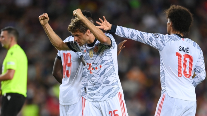 Thomas Muller celebrates his goal at Barcelona