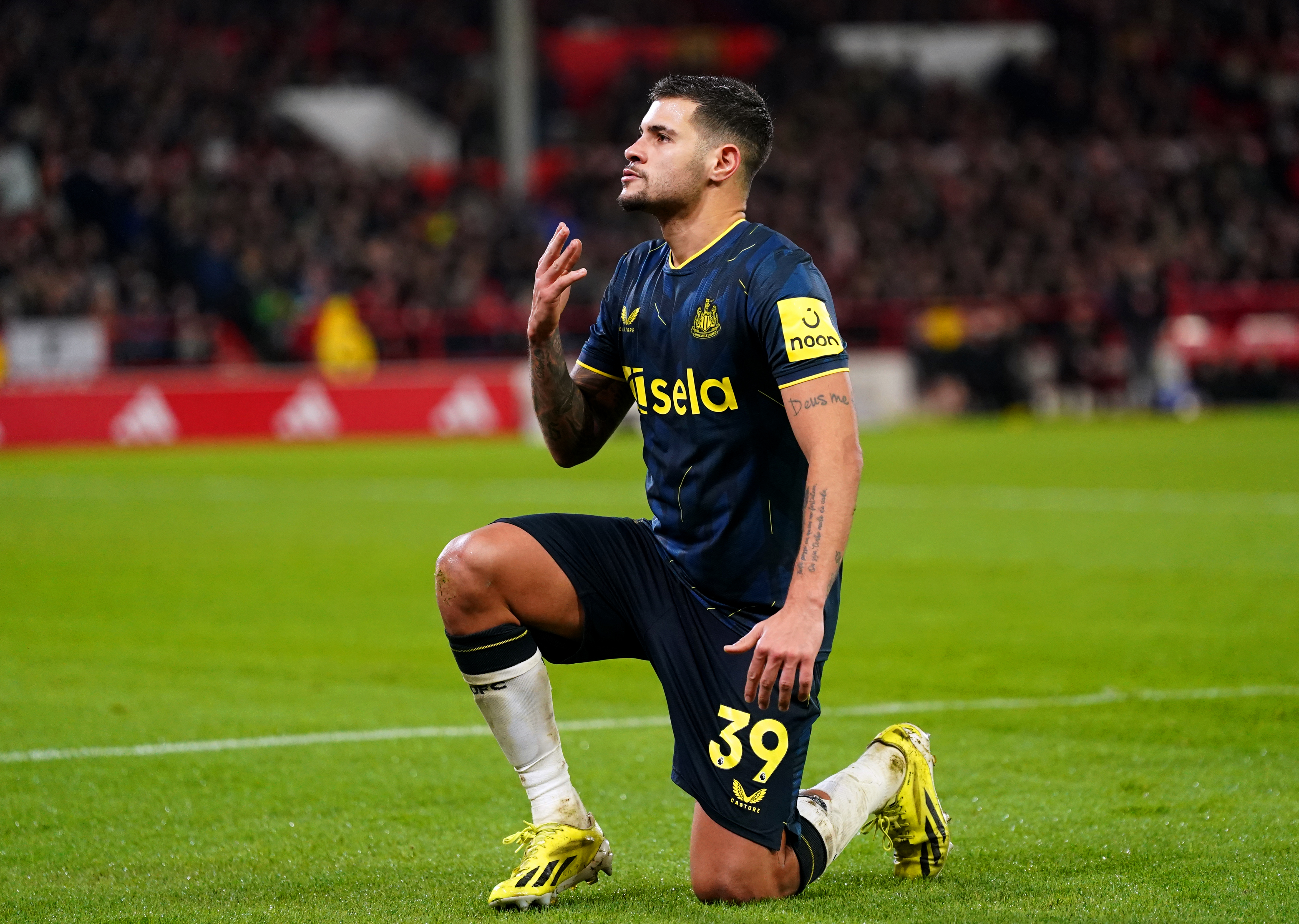 Bruno Guimaraes celebrates his winning goal against Nottingham Forest