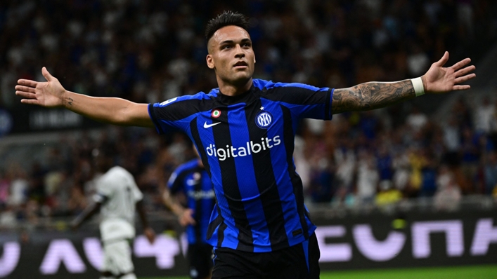 Lautaro Martinez celebrates after opening the scoring against Spezia